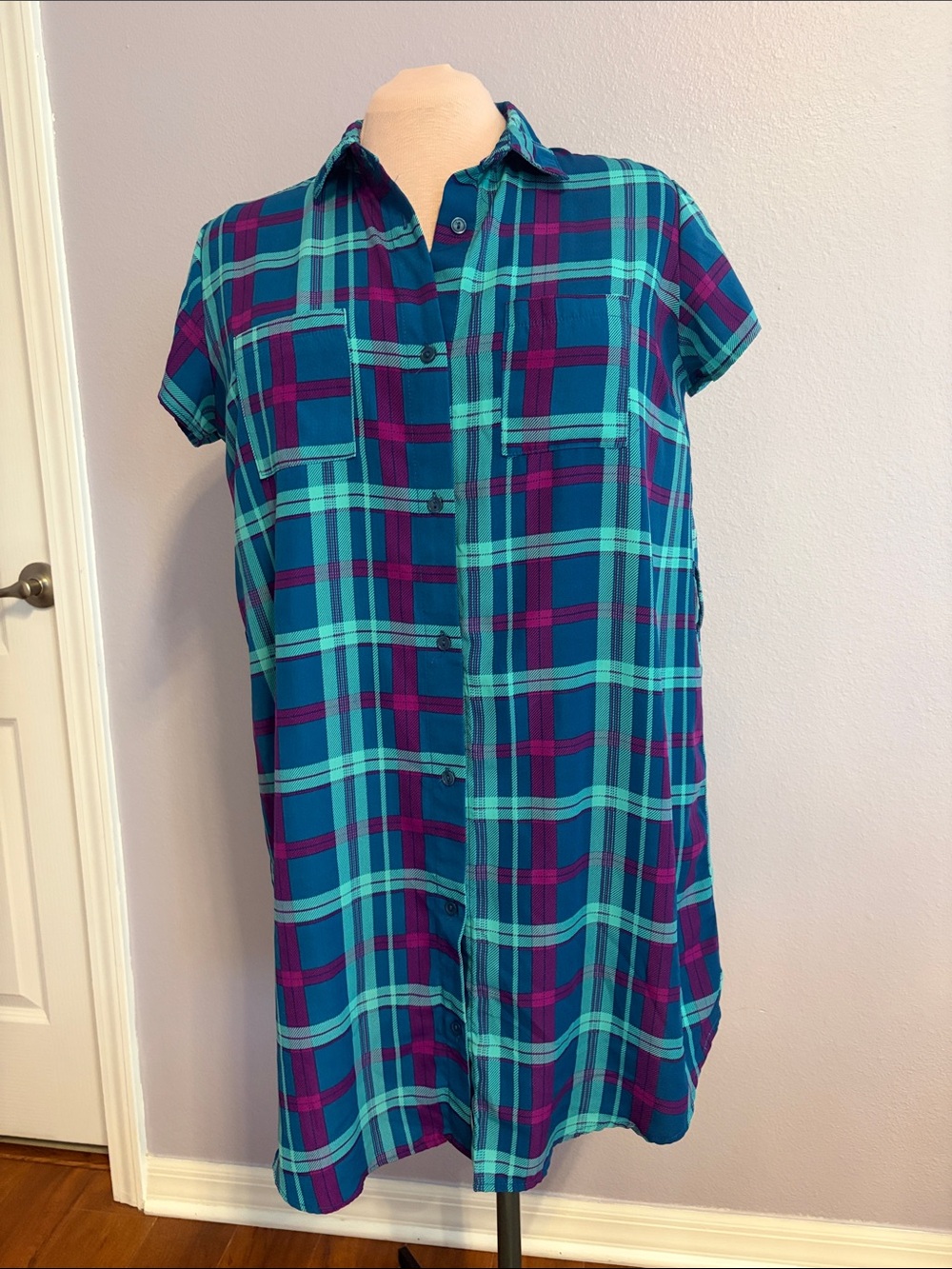BONGO Teal, Turquoise & Purple Plaid Short-Sleeve Button-Front Shirt